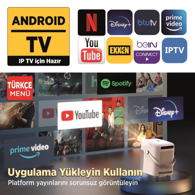 Vankyo H300A Android TV 4K Destekli Projeksiyon Cihazı +Auto Focus+Auto Keystone 6G Wi-Fi+5.2 Bluetooth 240 Inç Yansıtma+HiFi Dolby Ses Sistemi Beyaz PS5/PS4/XBOX/HDMI/USB 
