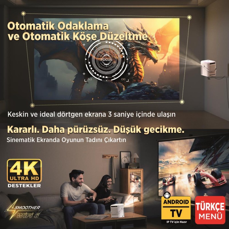 Vankyo H300A Android TV 4K Destekli Projeksiyon Cihazı +Auto Focus+Auto Keystone 6G Wi-Fi+5.2 Bluetooth 240 Inç Yansıtma+HiFi Dolby Ses Sistemi Beyaz PS5/PS4/XBOX/HDMI/USB 