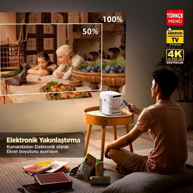 Vankyo H300A Android TV 4K Destekli Projeksiyon Cihazı +Auto Focus+Auto Keystone 6G Wi-Fi+5.2 Bluetooth 240 Inç Yansıtma+HiFi Dolby Ses Sistemi Beyaz PS5/PS4/XBOX/HDMI/USB 