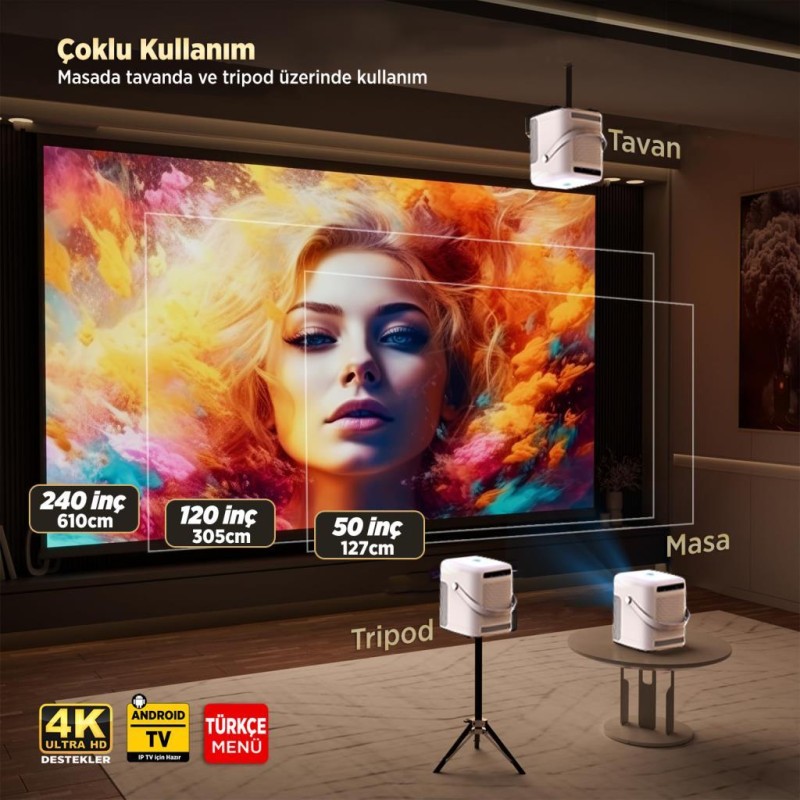 Vankyo H300A Android TV 4K Destekli Projeksiyon Cihazı +Auto Focus+Auto Keystone 6G Wi-Fi+5.2 Bluetooth 240 Inç Yansıtma+HiFi Dolby Ses Sistemi Beyaz PS5/PS4/XBOX/HDMI/USB 