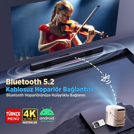 Vankyo H300A Android TV 4K Destekli Projeksiyon Cihazı +Auto Focus+Auto Keystone 6G Wi-Fi+5.2 Bluetooth 240 Inç Yansıtma+HiFi Dolby Ses Sistemi Beyaz PS5/PS4/XBOX - Thumbnail