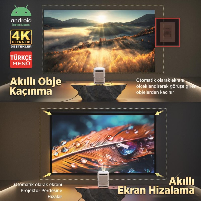 Vankyo H300A Android TV 4K Destekli Projeksiyon Cihazı +Auto Focus+Auto Keystone 6G Wi-Fi+5.2 Bluetooth 240 Inç Yansıtma+HiFi Dolby Ses Sistemi Beyaz PS5/PS4/XBOX