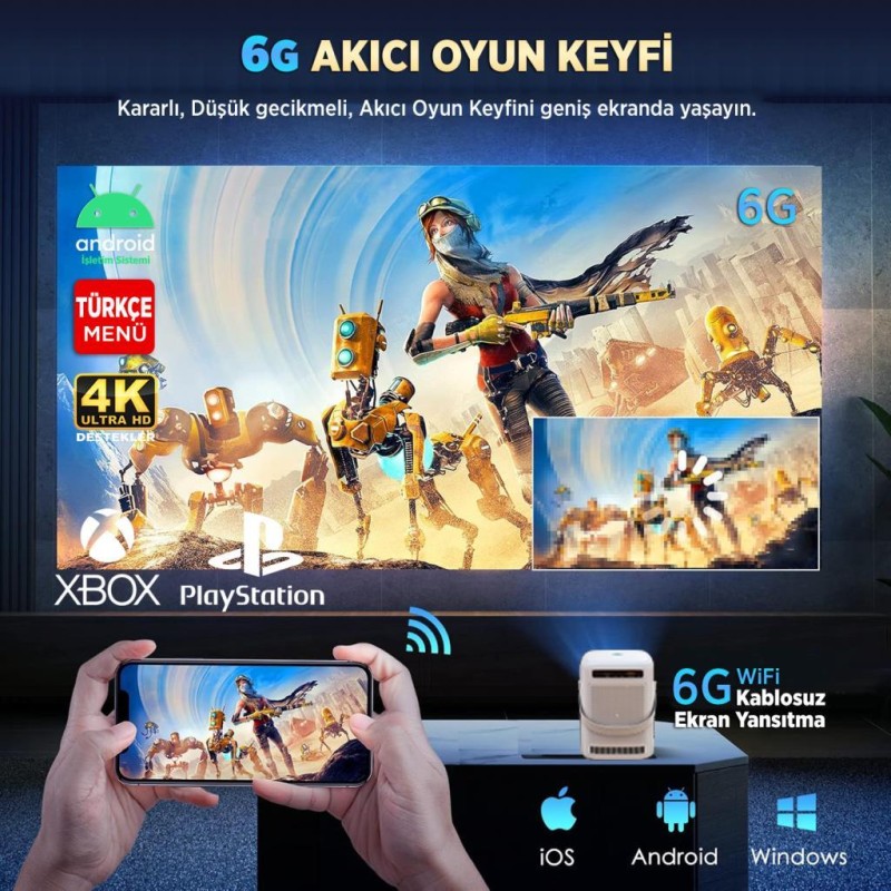 Vankyo H300A Android TV 4K Destekli Projeksiyon Cihazı +Auto Focus+Auto Keystone 6G Wi-Fi+5.2 Bluetooth 240 Inç Yansıtma+HiFi Dolby Ses Sistemi Beyaz PS5/PS4/XBOX