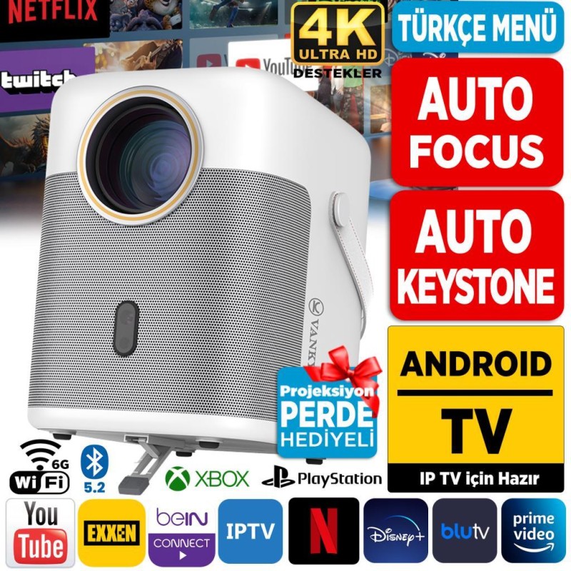 Vankyo H300A Android TV 4K Destekli Projeksiyon Cihazı +Auto Focus+Auto Keystone 6G Wi-Fi+5.2 Bluetooth 240 Inç Yansıtma+HiFi Dolby Ses Sistemi Beyaz PS5/PS4/XBOX