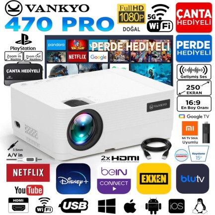 VANKYO - Vankyo Leisure 470 Pro Native 1080P 5G Wi-Fi LCD Led Projeksiyon Cihazı - 250 İnç Yansıtma - Dahili Hoparlör - TV Stick/PS5/HDMI/USB/VGA/AV