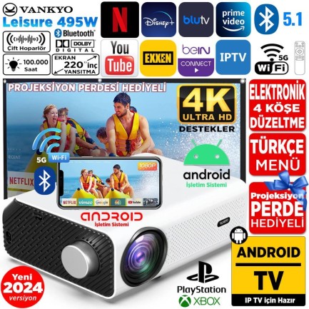 VANKYO - Vankyo Leisure 495W Android TV 4K Destekli Projeksiyon Cihazı 5G Wi-Fi + 5.1 Bluetooth LCD LED - 220 İnç Yansıtma - HiFi Dolby Ses Sistemi
