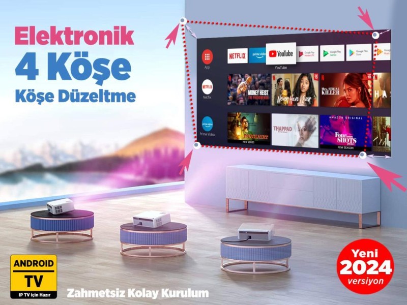 Vankyo Leisure 495W Android TV 4K Destekli Projeksiyon Cihazı 5G Wi-Fi + 5.1 Bluetooth LCD LED - 220 İnç Yansıtma - HiFi Dolby Ses Sistemi