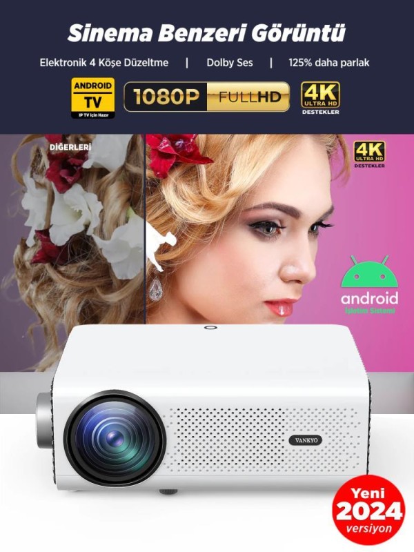 Vankyo Leisure 495W Android TV 4K Destekli Projeksiyon Cihazı 5G Wi-Fi + 5.1 Bluetooth LCD LED - 220 İnç Yansıtma - HiFi Dolby Ses Sistemi