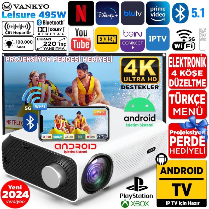 Vankyo Leisure 495W Android TV 4K Destekli Projeksiyon Cihazı 5G Wi-Fi + 5.1 Bluetooth LCD LED - 220 İnç Yansıtma - HiFi Dolby Ses Sistemi