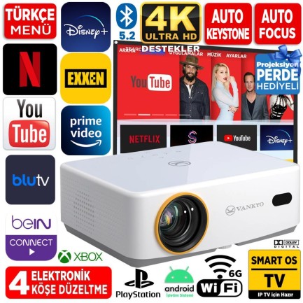 VANKYO - Vankyo Leisure L570B SmartTV 4K Destekli Projeksiyon Cihazı +Auto Focus+Auto Keystone+6G WiFi+5.2 Bluetooth+300 İnç Yansıtma+Dolby Premium Ses Sistemi Beyaz PS5/PS4/XBOX
