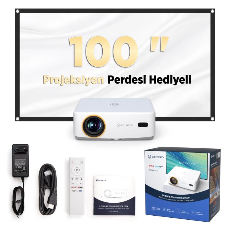 Vankyo Leisure L570B SmartTV 4K Destekli Projeksiyon Cihazı +Auto Focus+Auto Keystone+6G WiFi+5.2 Bluetooth+300 İnç Yansıtma+Dolby Premium Ses Sistemi Beyaz PS5/PS4/XBOX
