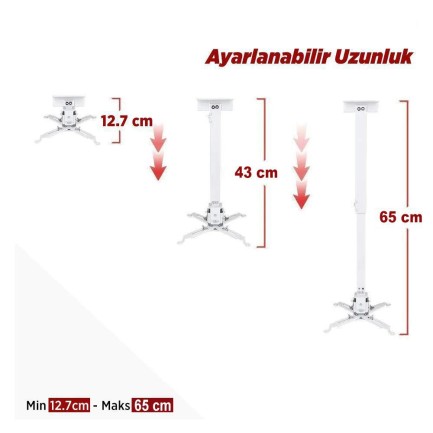 Universal 43-65CM Projeksiyon Cihazı Tavan Askı Aparatı Tavan Bağlantı Aparatı Duvar Bağlantı Aparatı Beyaz (VANKYO İLE UYUMLU DEĞİLDİR) - Thumbnail
