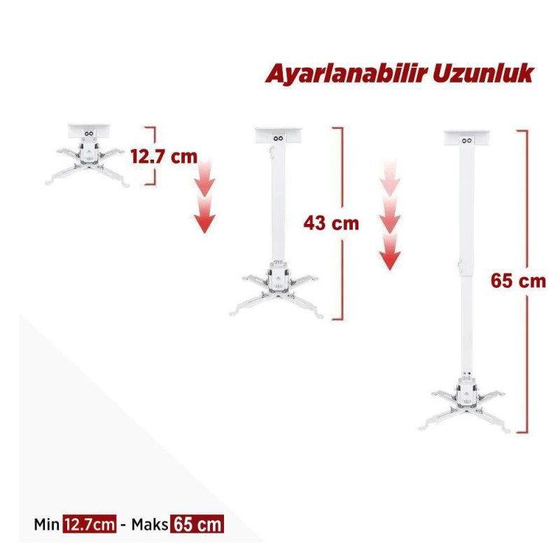 Universal 43-65CM Projeksiyon Cihazı Tavan Askı Aparatı Tavan Bağlantı Aparatı Duvar Bağlantı Aparatı Beyaz (VANKYO İLE UYUMLU DEĞİLDİR)