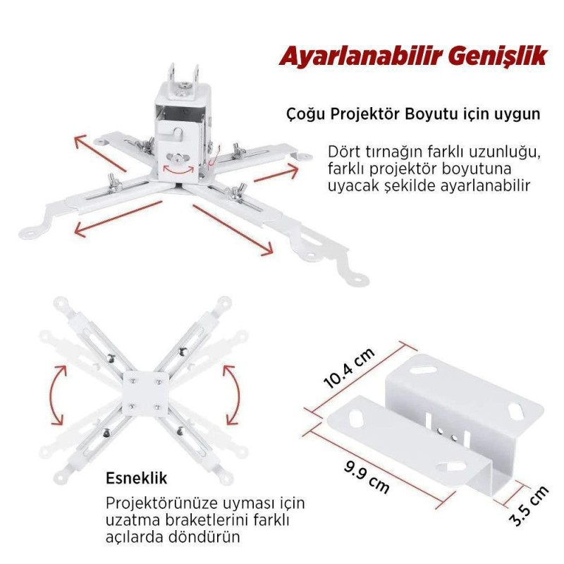 Universal 43-65CM Projeksiyon Cihazı Tavan Askı Aparatı Tavan Bağlantı Aparatı Duvar Bağlantı Aparatı Beyaz (VANKYO İLE UYUMLU DEĞİLDİR)
