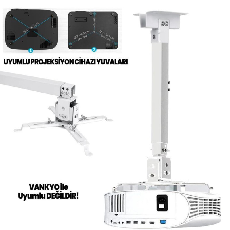 Universal 43-65CM Projeksiyon Cihazı Tavan Askı Aparatı Tavan Bağlantı Aparatı Duvar Bağlantı Aparatı Beyaz (VANKYO İLE UYUMLU DEĞİLDİR)