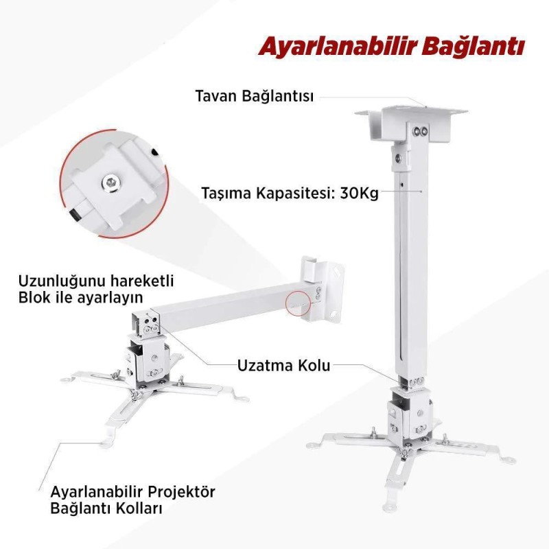 Universal 43-65CM Projeksiyon Cihazı Tavan Askı Aparatı Tavan Bağlantı Aparatı Duvar Bağlantı Aparatı Beyaz (VANKYO İLE UYUMLU DEĞİLDİR)