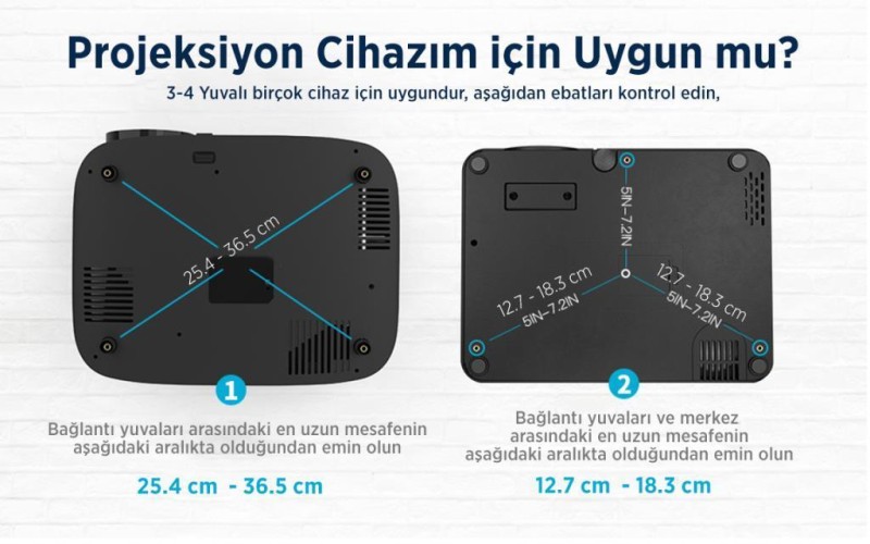 Universal 43-65CM Projeksiyon Cihazı Tavan Askı Aparatı Tavan Bağlantı Aparatı Duvar Bağlantı Aparatı Beyaz (VANKYO İLE UYUMLU DEĞİLDİR)