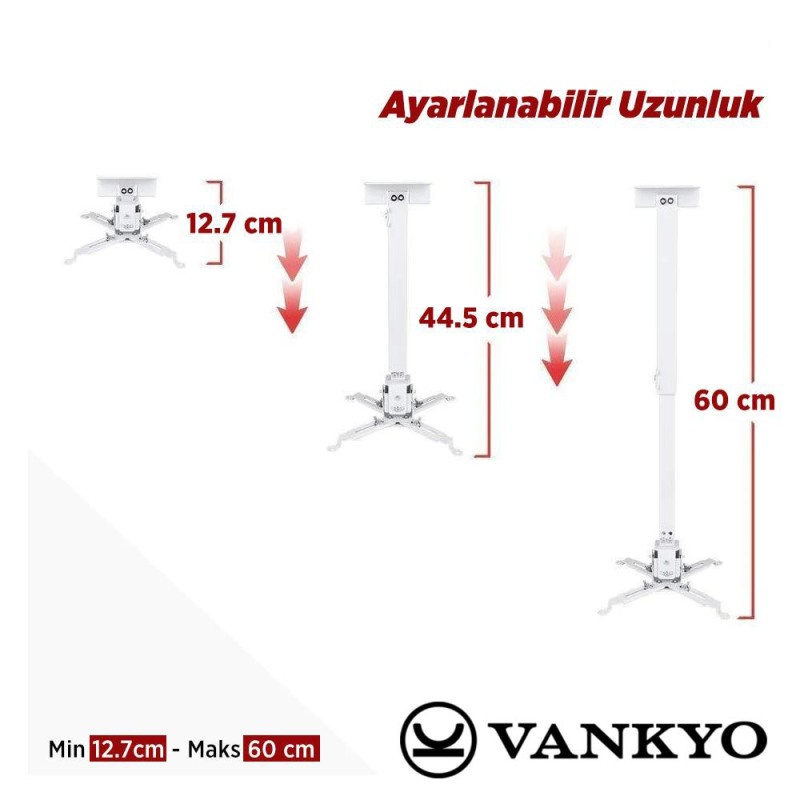 Vankyo Universal 43-65CM Projeksiyon Cihazı Tavan Askı Aparatı Tavan Bağlantı Aparatı Duvar Bağlantı Aparatı Beyaz