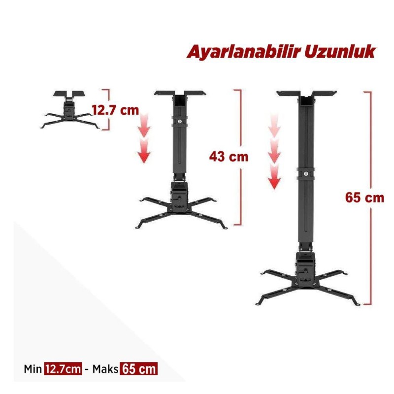 Universal 43-65CM Projeksiyon Cihazı Tavan Askı Aparatı Tavan Bağlantı Aparatı Duvar Bağlantı Aparatı Siyah (VANKYO İLE UYUMLU DEĞİLDİR)