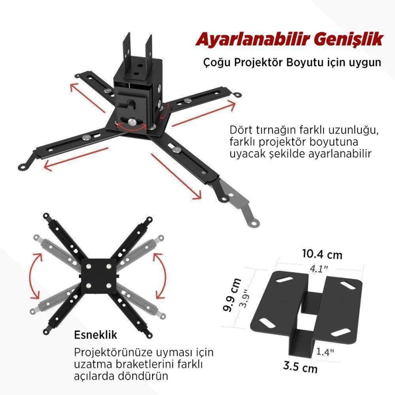 Universal 43-65CM Projeksiyon Cihazı Tavan Askı Aparatı Tavan Bağlantı Aparatı Duvar Bağlantı Aparatı Siyah (VANKYO İLE UYUMLU DEĞİLDİR)