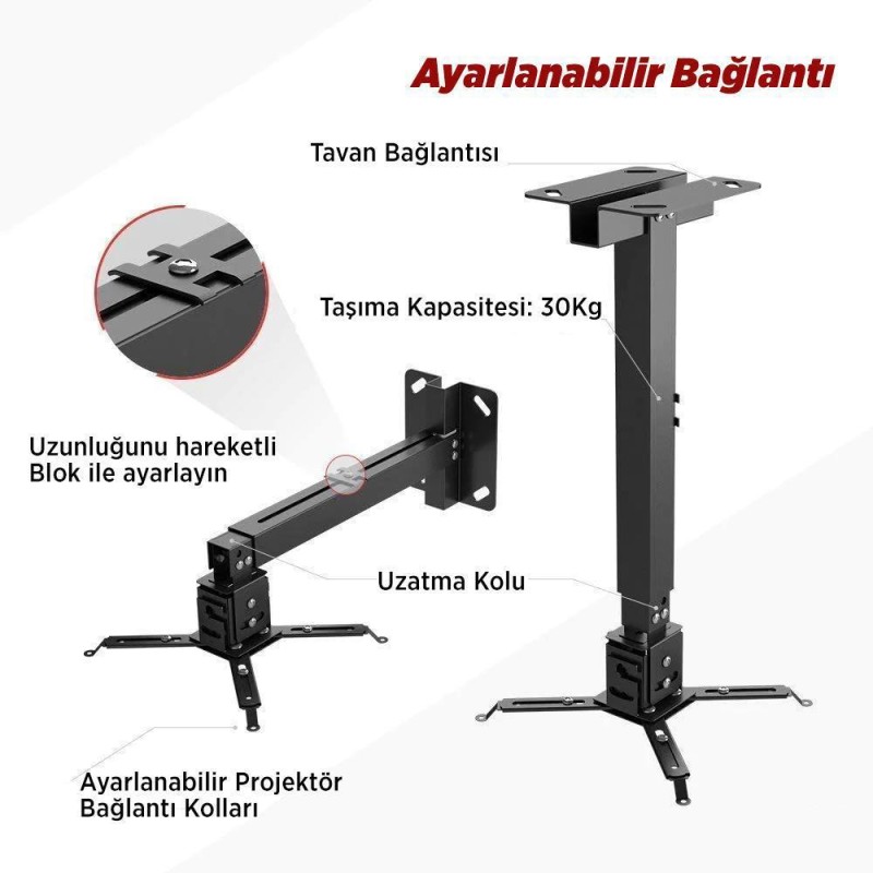 Universal 43-65CM Projeksiyon Cihazı Tavan Askı Aparatı Tavan Bağlantı Aparatı Duvar Bağlantı Aparatı Siyah (VANKYO İLE UYUMLU DEĞİLDİR)