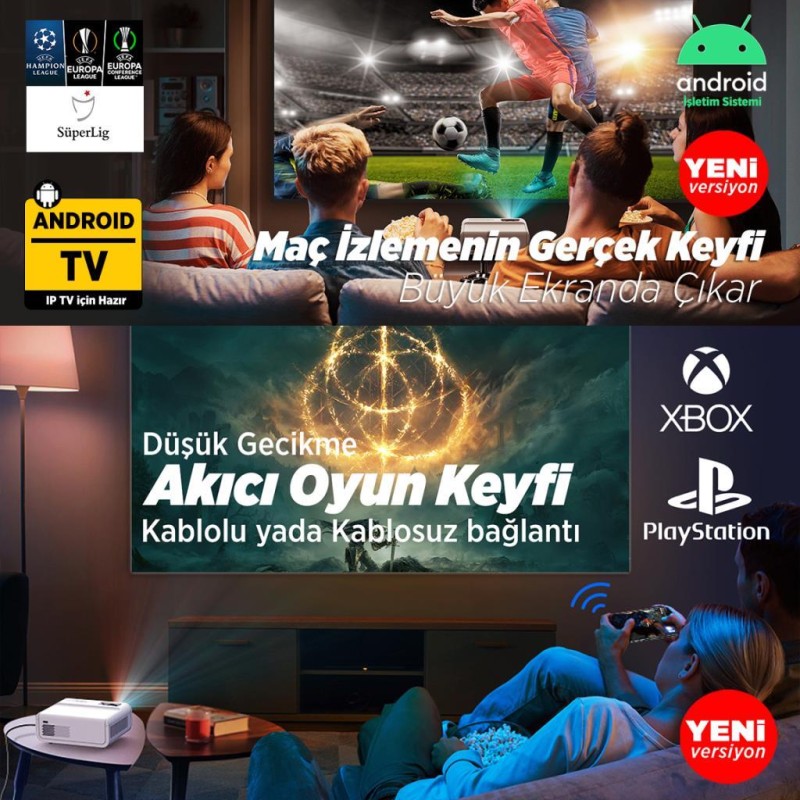 Vankyo Sunspark 500W Android TV 1080P Destekli Projeksiyon Cihazı 5G Wi-Fi + 5.1 Bluetooth - LCD LED - 240 Inç Yansıtma-Dahili Hoparlör-PS5/XBOX/HDMI/USB/VGA/AV