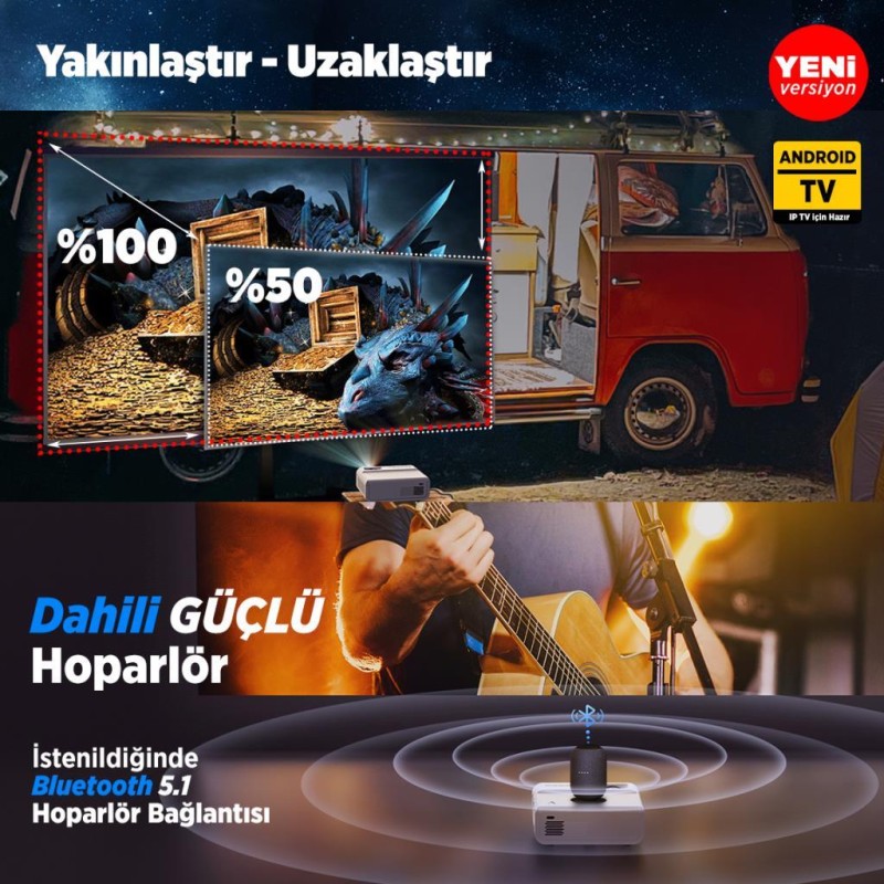 Vankyo Sunspark 500W Android TV 1080P Destekli Projeksiyon Cihazı 5G Wi-Fi + 5.1 Bluetooth - LCD LED - 240 Inç Yansıtma-Dahili Hoparlör-PS5/XBOX/HDMI/USB/VGA/AV