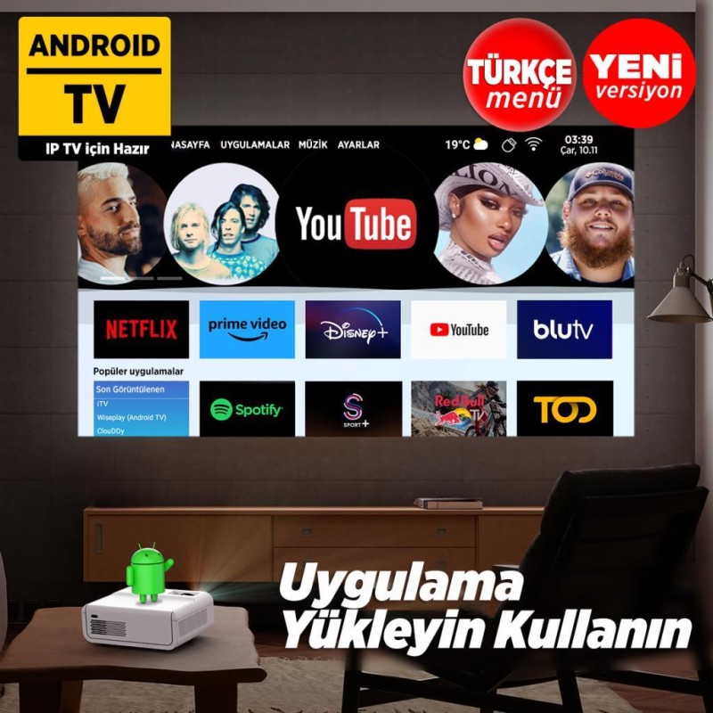 Vankyo Sunspark 500W Android TV 1080P Destekli Projeksiyon Cihazı 5G Wi-Fi + 5.1 Bluetooth - LCD LED - 240 Inç Yansıtma-Dahili Hoparlör-PS5/XBOX/HDMI/USB/VGA/AV