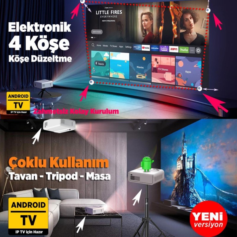 Vankyo Sunspark 500W Android TV 1080P Destekli Projeksiyon Cihazı 5G Wi-Fi + 5.1 Bluetooth - LCD LED - 240 Inç Yansıtma-Dahili Hoparlör-PS5/XBOX/HDMI/USB/VGA/AV