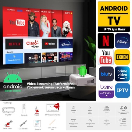Vankyo Sunspark 500W Android TV 1080P Destekli Projeksiyon Cihazı 5G Wi-Fi + 5.1 Bluetooth - LCD LED - 240 Inç Yansıtma-Dahili Hoparlör-PS5/XBOX/HDMI/USB/VGA/AV - Thumbnail