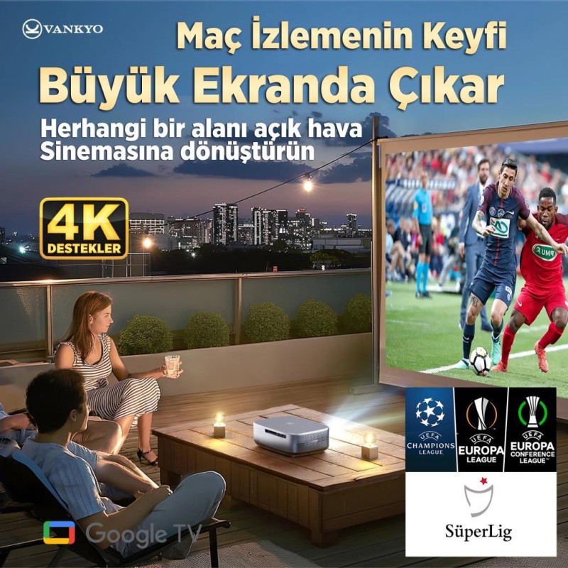Vankyo Performance V700G Android Google TV HDR10+ 4K Destekli Projeksiyon Cihazı +Auto Focus+Auto Keystone+6G WiFi+5.2 Bluetooth+300İnç Yansıtma+Hifi Dolby Ses Sistemi+PS5/PS4/XBOX