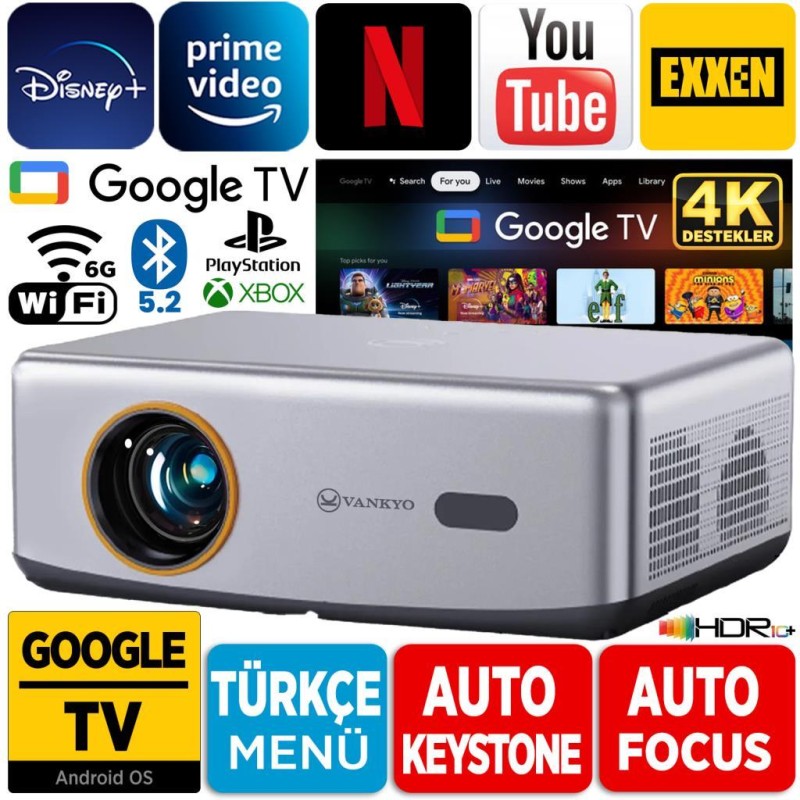 Vankyo Performance V700G Android Google TV HDR10+ 4K Destekli Projeksiyon Cihazı +Auto Focus+Auto Keystone+6G WiFi+5.2 Bluetooth+300İnç Yansıtma+Hifi Dolby Ses Sistemi+PS5/PS4/XBOX